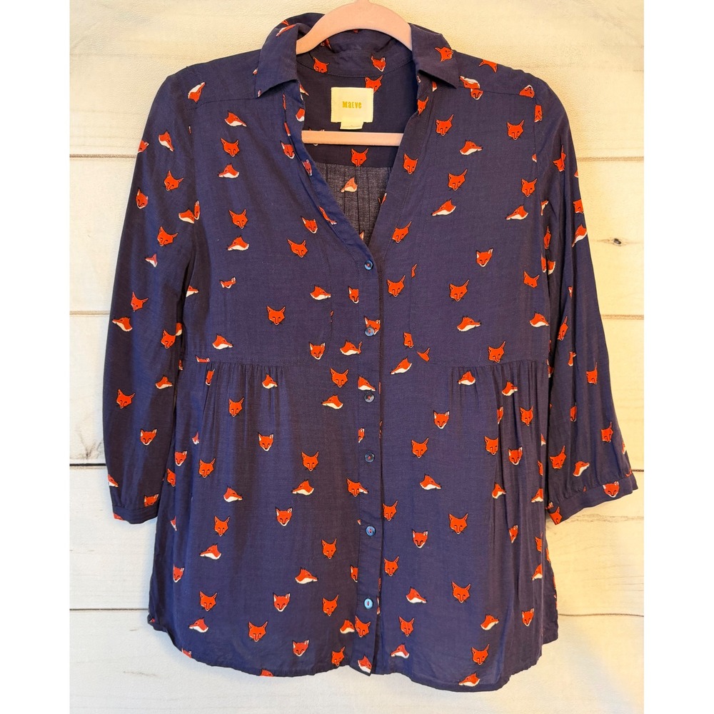 Maeve Anthropologie Navy Blue Fox Print Empire Waist Tunic Blouse Sz 4